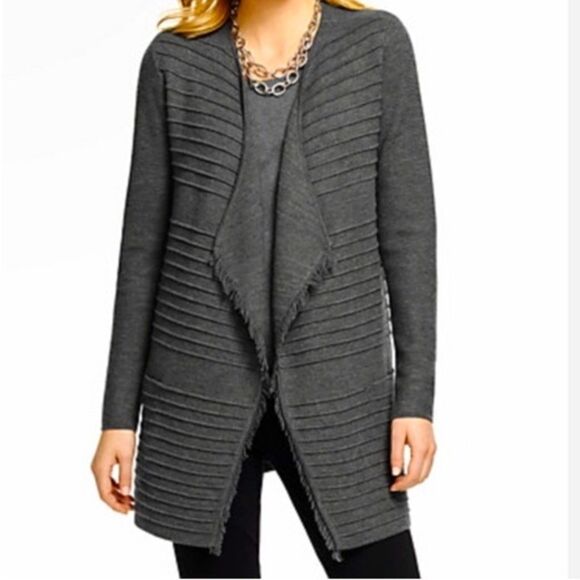 Talbots Sweater Cardigan 100% Merino Wool Open Front Fringe Gray Petite S/M C152 - Picture 2 of 8